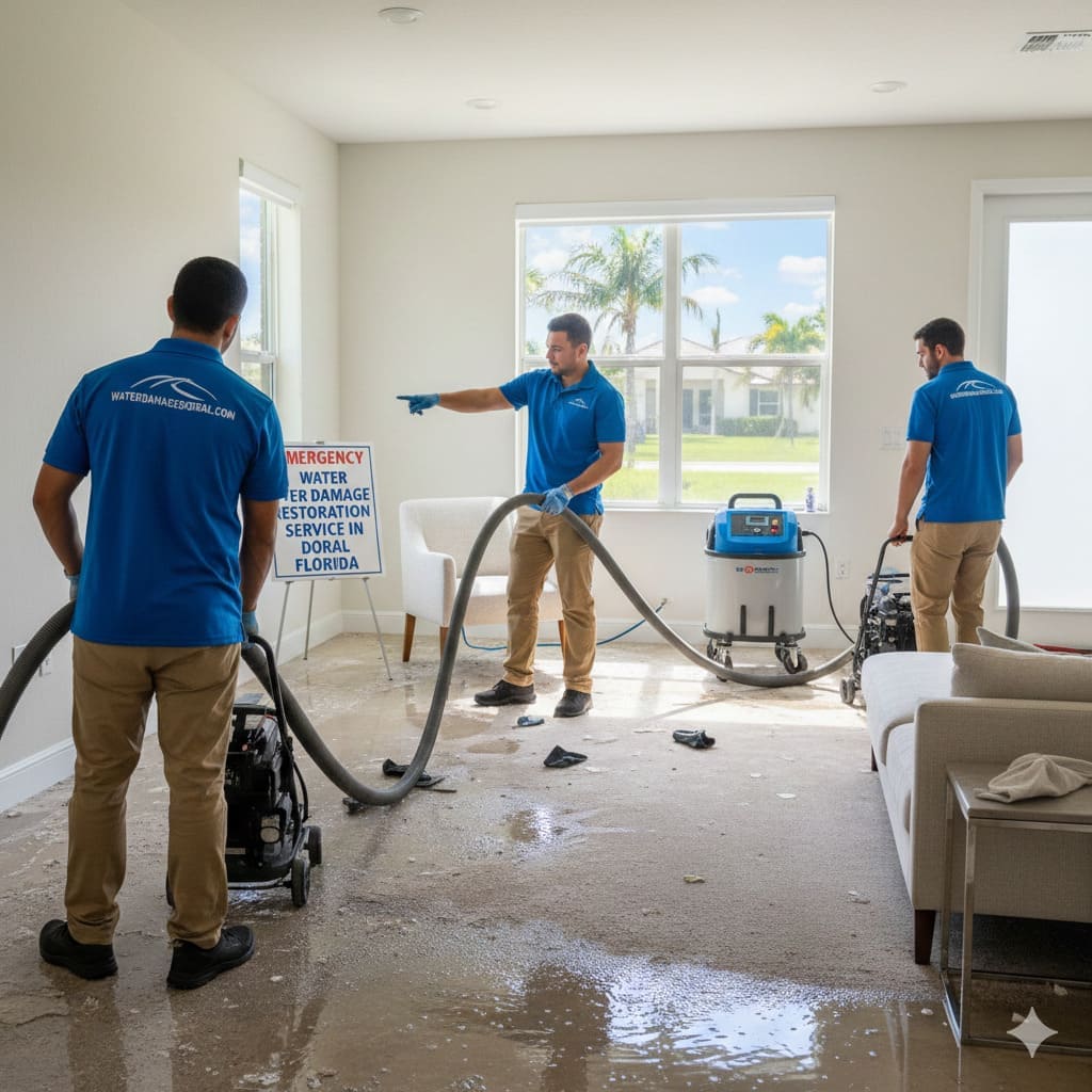 Emergency water extraction team working in a flooded Doral home