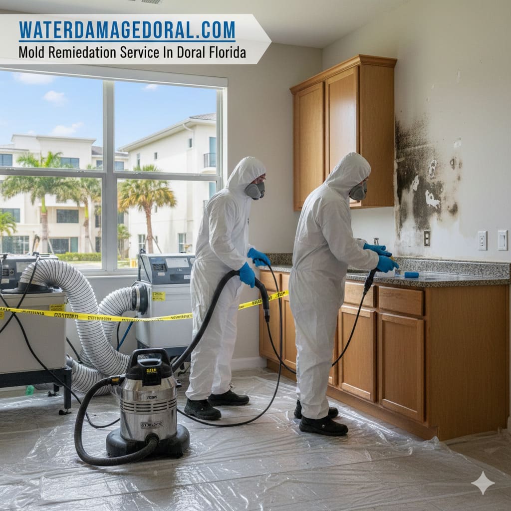 Professional mold remediation in progress with containment barriers in a Doral home