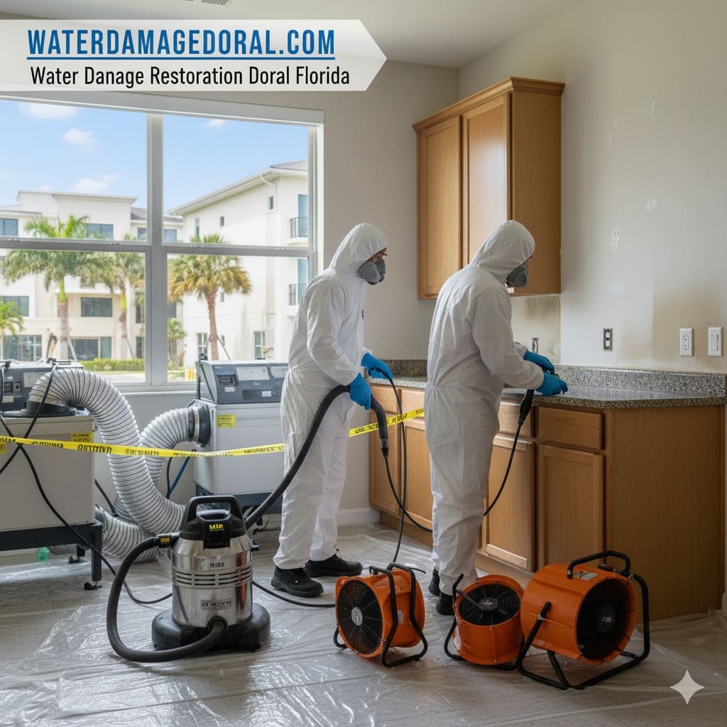 Water damage repair in progress with drying equipment and partial reconstruction